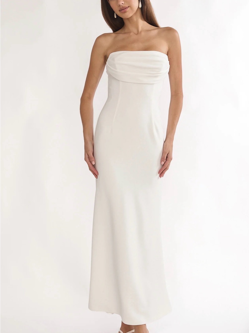 Strapless White Maxi Dress With Draped Bodice